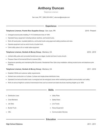 Telephone Lineman Resume