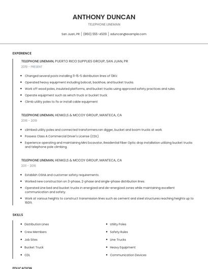 Telephone Lineman Resume