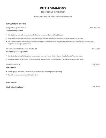 Telephone Operator Resume