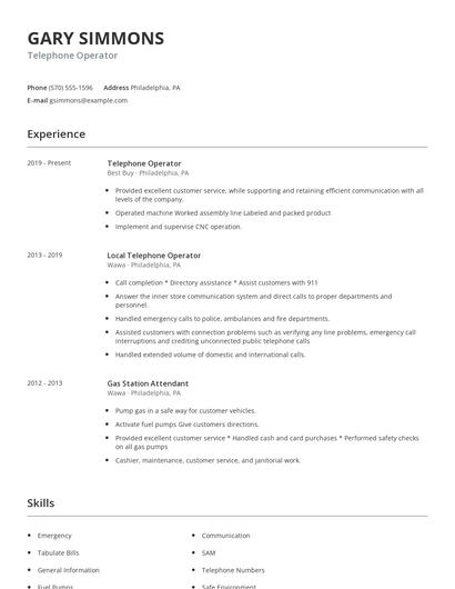 Telephone Operator Resume