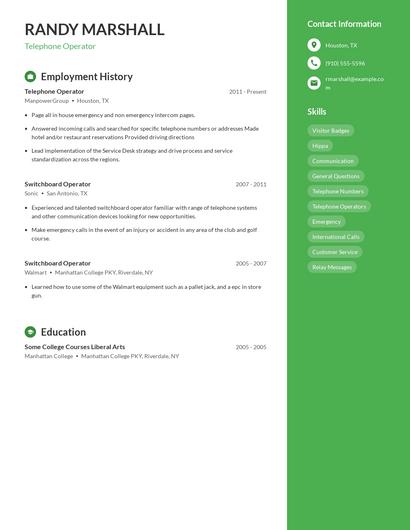 Telephone Operator Resume