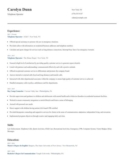 Telephone Operator Resume