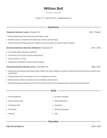 Telephone Operator Resume