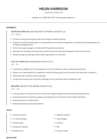 Telephone Operator Resume