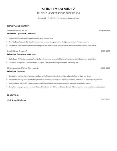 Telephone Operators Supervisor Resume