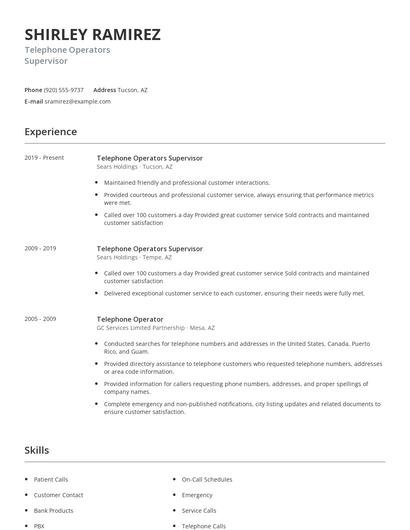 Telephone Operators Supervisor Resume