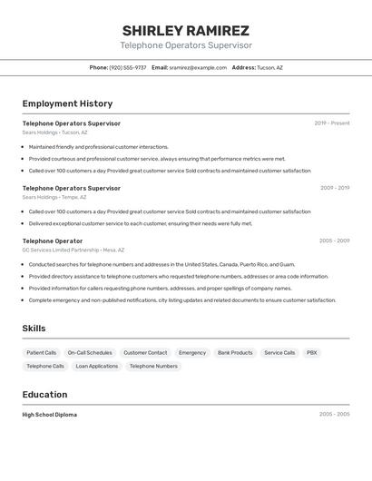 Telephone Operators Supervisor Resume
