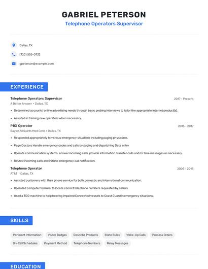 Telephone Operators Supervisor Resume