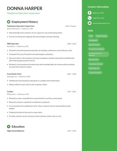 Telephone Operators Supervisor Resume