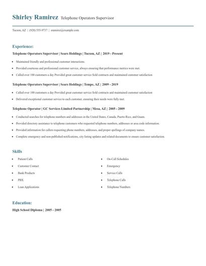 Telephone Operators Supervisor Resume