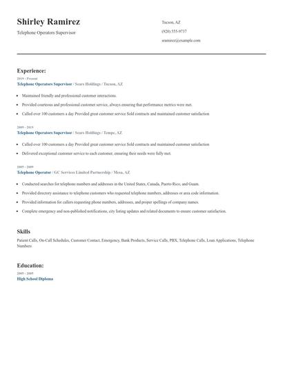 Telephone Operators Supervisor Resume