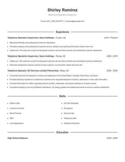 Telephone Operators Supervisor Resume