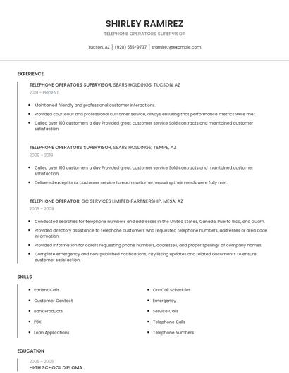 Telephone Operators Supervisor Resume