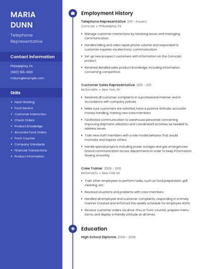 Telephone Representative Resume