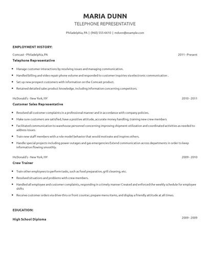Telephone Representative Resume