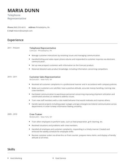 Telephone Representative Resume