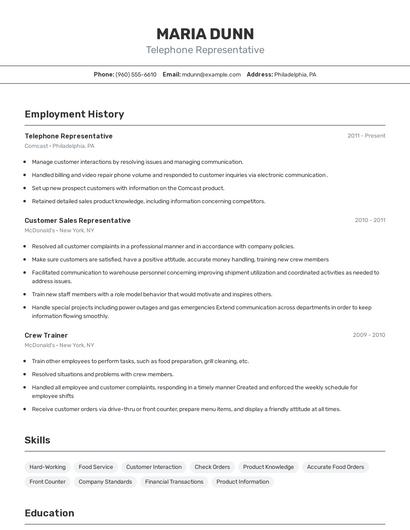 Telephone Representative Resume