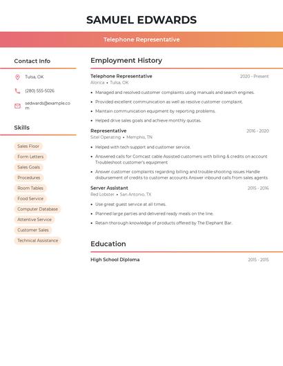Telephone Representative Resume