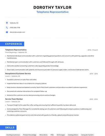 Telephone Representative Resume