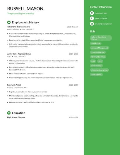 Telephone Representative Resume