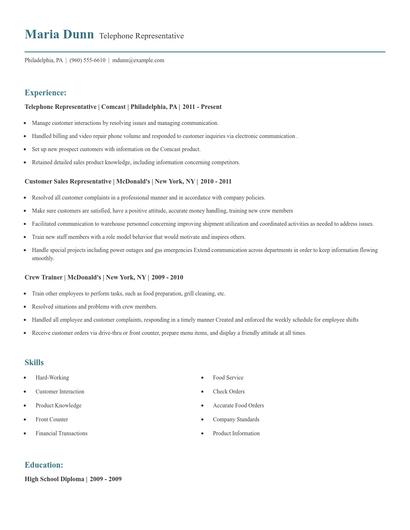 Telephone Representative Resume