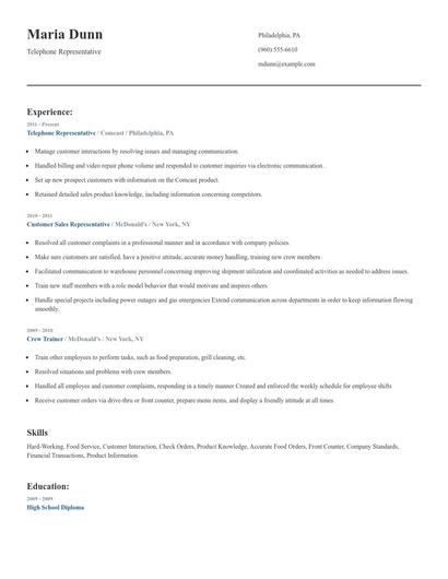 Telephone Representative Resume