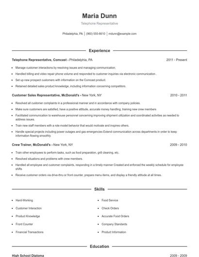 Telephone Representative Resume
