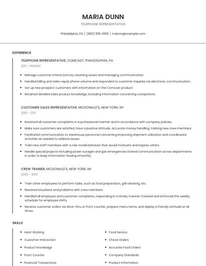 Telephone Representative Resume