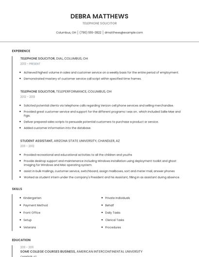 Telephone Solicitor Resume