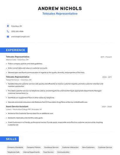 Telesales Representative Resume