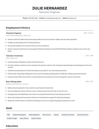 Television Engineer Resume