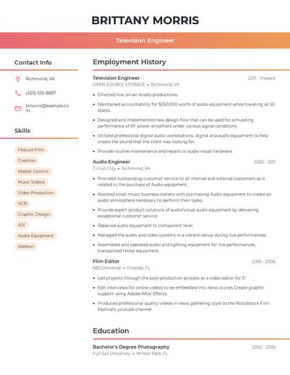 Television Engineer Resume