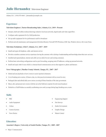 Television Engineer Resume