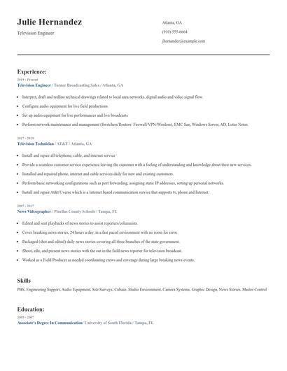 Television Engineer Resume