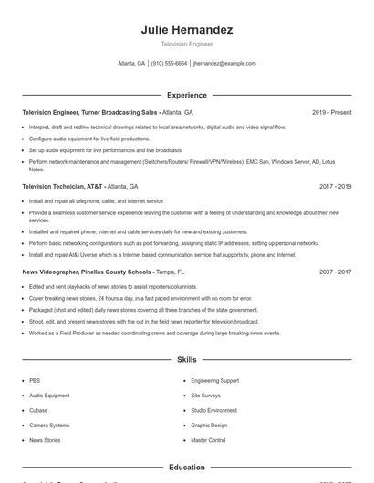 Television Engineer Resume