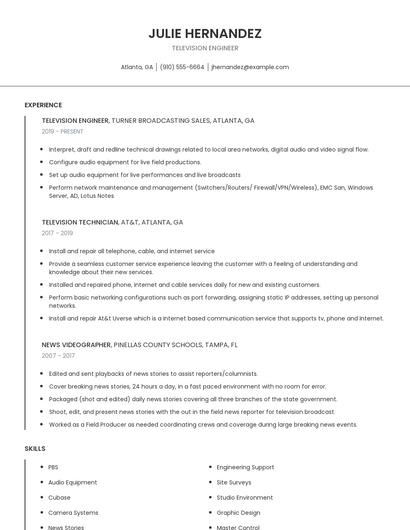 Television Engineer Resume