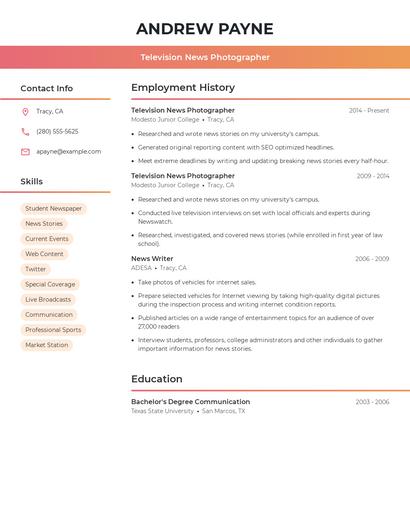 Television News Photographer Resume