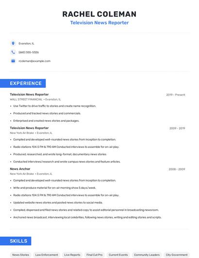Television News Reporter Resume