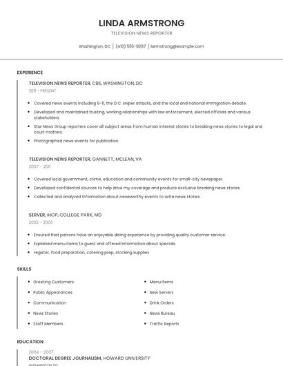 Television News Reporter Resume