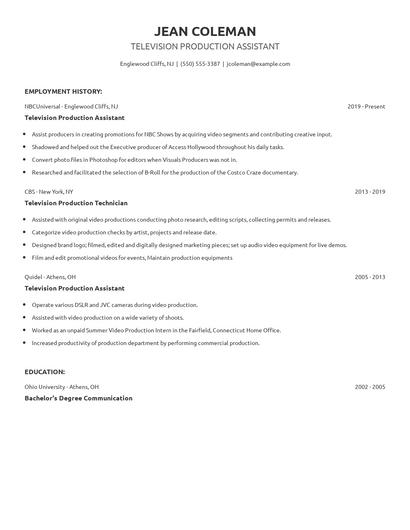 Television Production Assistant Resume