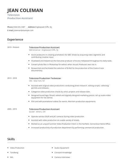 Television Production Assistant Resume