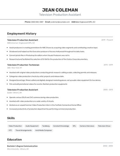 Television Production Assistant Resume