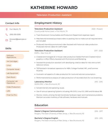 Television Production Assistant Resume