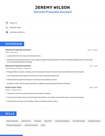 Television Production Assistant Resume
