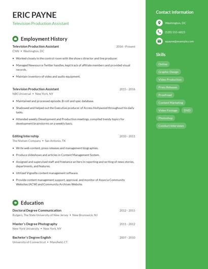 Television Production Assistant Resume