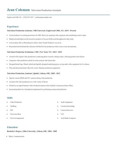 Television Production Assistant Resume