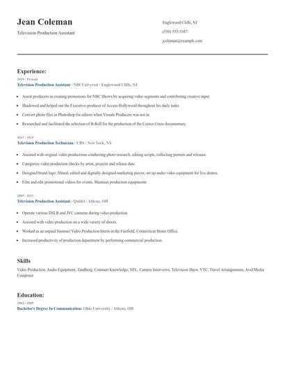 Television Production Assistant Resume
