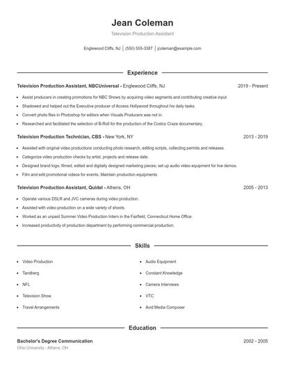 Television Production Assistant Resume