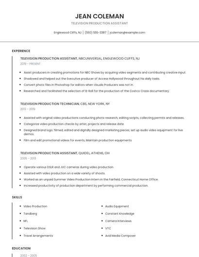 Television Production Assistant Resume