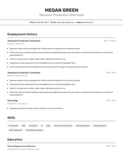 Television Production Technician Resume